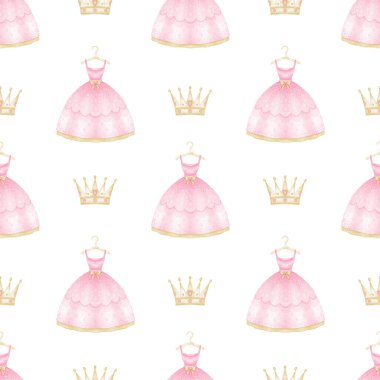 Pembe elbise ve altın taç. Tekstil ve ambalaj kağıtları için beyaz arkaplanda renksiz suluboya deseni