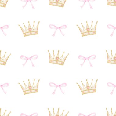 Taçlar, fiyonklar. Tekstil ve pastel renklerde ambalaj kağıtları için beyaz zemin üzerinde suluboya desensiz desen. Küçük prensesler için sevimli kız çizimi