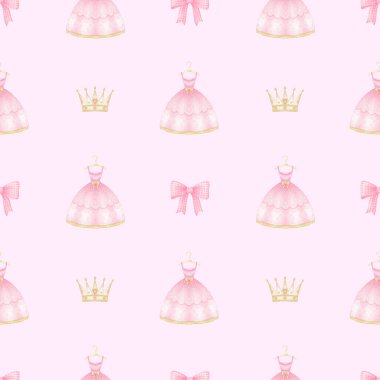 dress, crowns, bows. Watercolor seamless pattern on pink background for textile and wrapping paper in pastel colors. Cute girly illustration for little princesses clipart