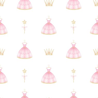 Elbise, sihirli değnek, taç. Tekstil ve pastel renklerde ambalaj kağıtları için beyaz zemin üzerinde suluboya desensiz desen. Küçük prensesler için sevimli kız çizimi