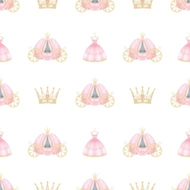 Taç, araba, pembe elbise. Tekstil ve ambalaj kağıdı için pastel renklerde beyaz zemin üzerinde suluboya desensiz desen. Küçük prensesler için hoş bir illüstrasyon.