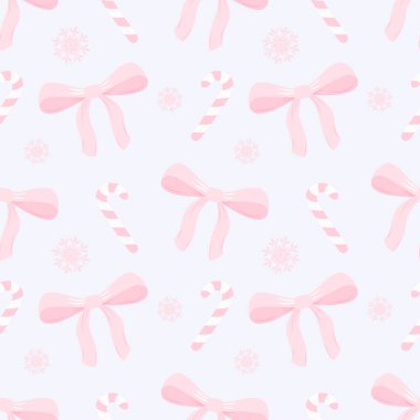 Fiyonklar, şeker kamışı, kar taneleri. Mor bir zemin üzerinde düz bir şekilde renklendirilmiş vektörsüz desen. Web tasarımı, tekstil ve ambalaj kağıdı için sevimli illüstrasyon