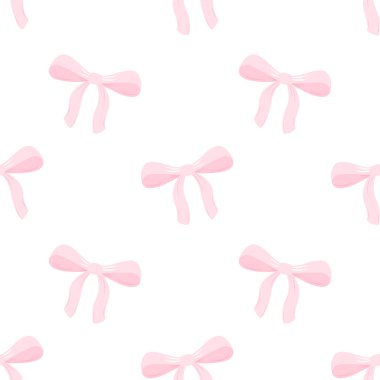 Pembe kurdeleler. Beyaz zemin üzerinde pastel renklerde düz bir şekilde vektörsüz desen. Web tasarımı, tekstil ve ambalaj kağıdı için sevimli illüstrasyon