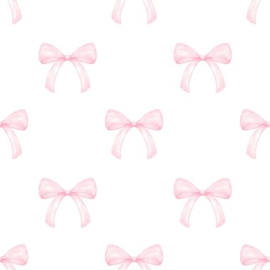 Pembe kurdeleler. Tekstil ve ambalaj kağıdı için pastel renklerde beyaz zemin üzerinde suluboya desensiz desen. Sevgililer günü, doğum günü, anneler günü için hoş bir illüstrasyon.