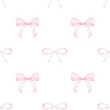 Pembe kurdeleler. Tekstil ve ambalaj kağıdı için pastel renklerde beyaz zemin üzerinde suluboya desensiz desen. Sevgililer günü, doğum günü, anneler günü için hoş bir illüstrasyon.