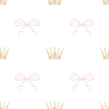 Pembe kurdeleler ve taçlar. Tekstil ve ambalaj kağıdı için pastel renklerde beyaz zemin üzerinde suluboya desensiz desen. Sevgililer günü, doğum günü, anneler günü için hoş bir illüstrasyon.