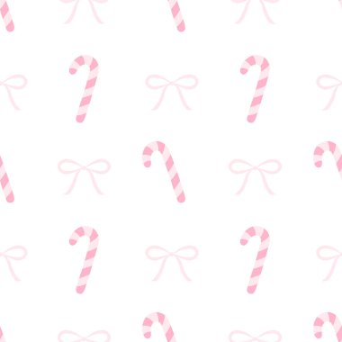 Şeker kamışı, pembe kurdeleler. Beyaz arka planda pastel renklerde vektör pürüzsüz desen. Noel için güzel bir düz çizim.