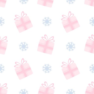 gifts, snowflakes. Vector seamless pattern on white background in pastel colors. Cute flat illustration for Christmas clipart