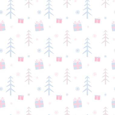 Christmas trees, gifts, snowflakes. Vector seamless pattern on white background in pastel colors. Cute flat illustration for Christmas clipart