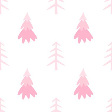 Pembe Noel ağaçları. Beyaz arka planda pastel renklerde vektör pürüzsüz desen. Noel için güzel bir düz çizim.