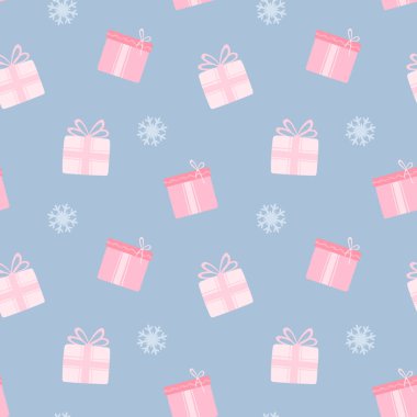 Hediyeler, kar taneleri. Mavi arkaplanda pastel renklerde vektörsüz desen. Noel için güzel bir düz çizim.