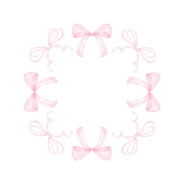 Pembe kurdeleler. Beyaz arka planda, tekstil ve ambalaj kağıtları için pastel renklerde tatlı bir suluboya çerçeve. Tatil şablonu