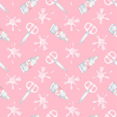 Makas, renkli boya damlaları, tüplerdeki boyalar. Tekstil ve ambalaj kağıtları için pembe arka planda suluboya desenleri var. Okula dönen sevimli çocukların çizimleri.