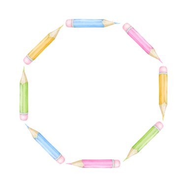 colored pencils. Round watercolor frame on white background in pastel colors. Cute children's illustration back to school clipart