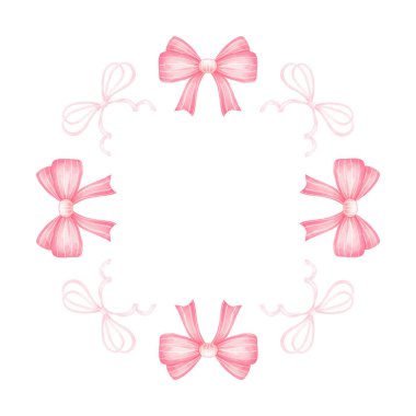 Pembe kurdeleler. Beyaz arkaplanda suluboya yuvarlak çerçeve şablonu. Noel için hoş bir illüstrasyon, Sevgililer Günü, Doğum günü, Paskalya, Anneler Günü