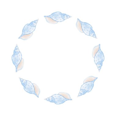 Deniz kabuğu. Pastel renklerde beyaz arkaplanda suluboya yuvarlak çerçeve şablonu. Deniz ve tatil teması üzerine hoş bir illüstrasyon