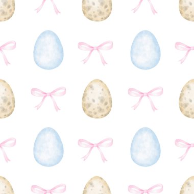 Easter eggs, bow. Watercolor seamless pattern on white background in pastel colors. Cute Easter illustration. Healthy food clipart