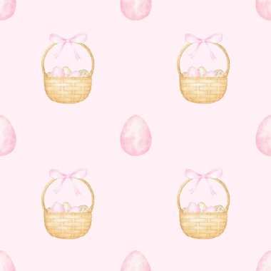 Yumurtalı Paskalya sepeti, selamla. Pastel renklerde pembe arka planda dikişsiz suluboya deseni. Tekstil ve ambalaj kağıdı için şirin Paskalya illüstrasyonu