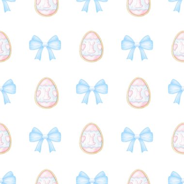 Paskalya yumurtaları, eğil. Pastel renklerde beyaz arkaplanda sulu boya deseni. Paskalya için tekstil ve ambalaj kağıtları için sevimli illüstrasyon