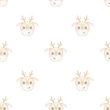 Geyik. Tekstil ve ambalaj kağıdı için pastel renklerde beyaz zemin üzerinde suluboya desensiz desen. Şirin Noel çizimi