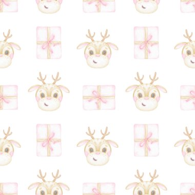 Geyik, hediye. Tekstil ve ambalaj kağıdı için pastel renklerde beyaz zemin üzerinde suluboya desensiz desen. Noel için hoş bir illüstrasyon
