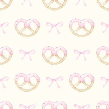 Kurabiyeler kremalı, selamla. Tekstil ve kağıt için pastel renklerde sulu boya deseni. Tatil pişirmenin tatlı suluboya çizimi