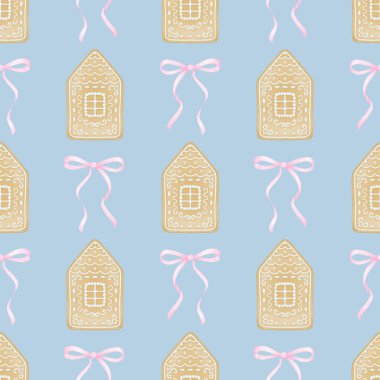 Zencefilli kurabiye evi, selamla. Tekstil ve ambalaj kağıtları için pastel renklerde suluboya deseni. Noel pastasının şirin bir örneği.