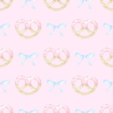 Kurabiyeler kremalı, selamla. Tekstil ve kağıt için pastel renklerde sulu boya deseni. Tatil pişirmenin tatlı suluboya çizimi