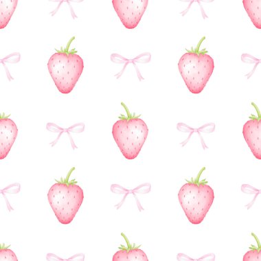 Çilek ve fiyonk. Tekstil ve ambalaj kağıtları için pastel renklerde beyaz arkaplanda suluboya desensiz desen. Sevimli çocukların çizimleri.