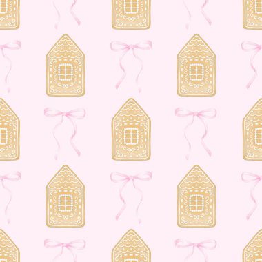 Zencefilli kurabiye evi, selamla. Tekstil ve ambalaj kağıtları için pastel renklerde suluboya deseni. Noel pastasının şirin bir örneği.