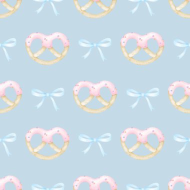 Kurabiyeler kremalı, selamla. Tekstil ve kağıt için pastel renklerde sulu boya deseni. Tatil pişirmenin tatlı suluboya çizimi