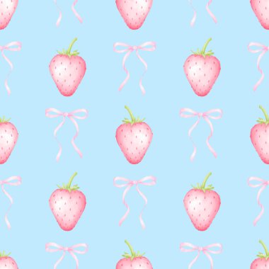 Çilek ve fiyonk. Tekstil ve ambalaj kağıtları için pastel renklerde suluboya deseni. Sevimli çocukların çizimleri.