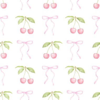 Kiraz, fiyonk. Tekstil ve ambalaj kağıtları için pastel renklerde suluboya deseni. Sevimli çocukların çizimleri.