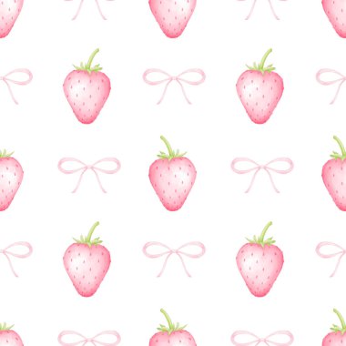 Çilek ve fiyonk. Tekstil ve ambalaj kağıtları için pastel renklerde suluboya deseni. Sevimli çocukların çizimleri.