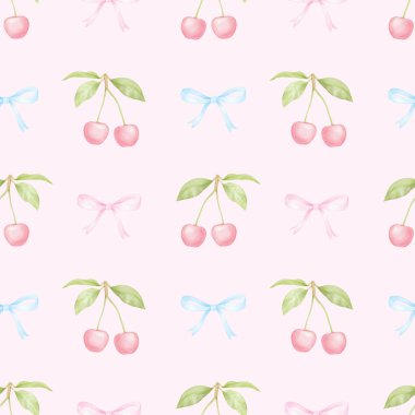Kiraz, fiyonk. Tekstil ve ambalaj kağıtları için pastel renklerde suluboya deseni. Sevimli çocukların çizimleri.