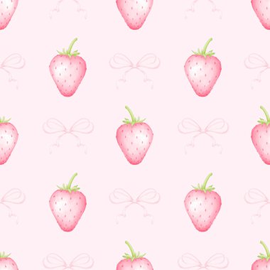 Çilek ve fiyonk. Tekstil ve ambalaj kağıtları için pastel renklerde suluboya deseni. Sevimli çocukların çizimleri.