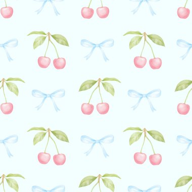Kiraz, fiyonk. Tekstil ve ambalaj kağıtları için pastel renklerde suluboya deseni. Sevimli çocukların çizimleri.