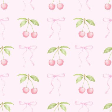 Kiraz, fiyonk. Tekstil ve ambalaj kağıtları için pastel renklerde suluboya deseni. Sevimli çocukların çizimleri.
