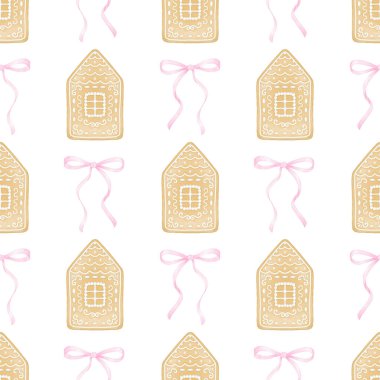 Zencefilli kurabiye evi, selamla. Tekstil ve ambalaj kağıtları için pastel renklerde suluboya deseni. Noel pastasının şirin bir örneği.