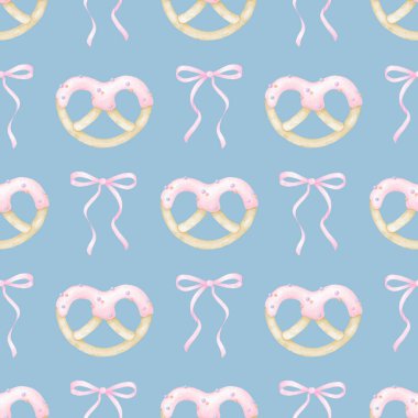 Kurabiyeler kremalı, selamla. Tekstil ve kağıt için pastel renklerde sulu boya deseni. Tatil pişirmenin tatlı suluboya çizimi