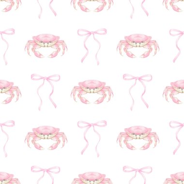 Pembe yengeç, selam ver. Tekstil ve ambalaj kağıtları için pastel renklerde suluboya deseni. Tatlı suluboya deniz ürünleri çizimi