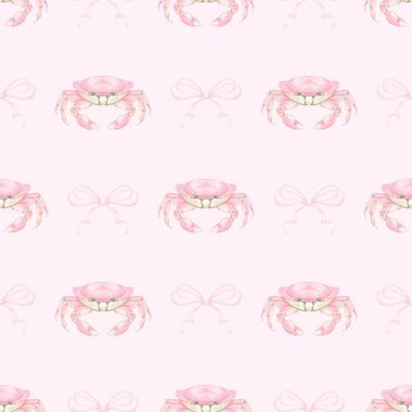 Pembe yengeç, selam ver. Tekstil ve ambalaj kağıtları için pastel renklerde suluboya deseni. Tatlı suluboya deniz ürünleri çizimi