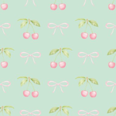 Kiraz, fiyonk. Tekstil ve ambalaj kağıtları için pastel renklerde suluboya deseni. Sevimli çocukların çizimleri.