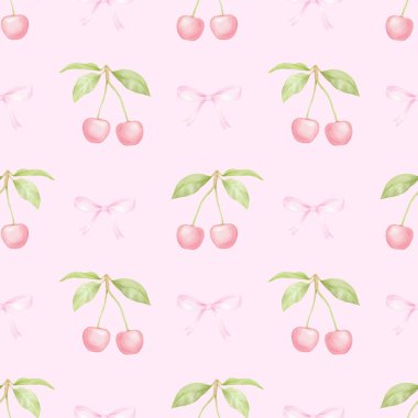 Kiraz, fiyonk. Tekstil ve ambalaj kağıtları için pastel renklerde suluboya deseni. Sevimli çocukların çizimleri.
