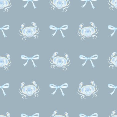 crab, bow. Watercolor seamless pattern in pastel colors. Cute seafood illustration for textile and wrapping paper clipart