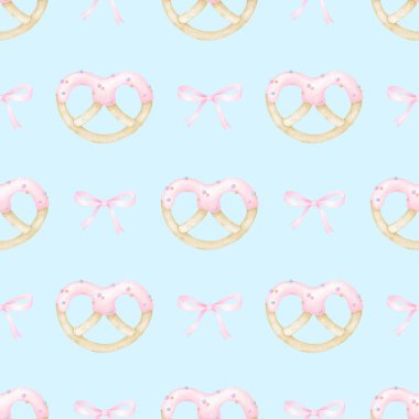 Kurabiyeler kremalı, selamla. Tekstil ve kağıt için pastel renklerde sulu boya deseni. Tatil pişirmenin tatlı suluboya çizimi