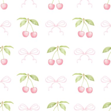 Kiraz, fiyonk. Tekstil ve ambalaj kağıtları için pastel renklerde suluboya deseni. Sevimli çocukların çizimleri.