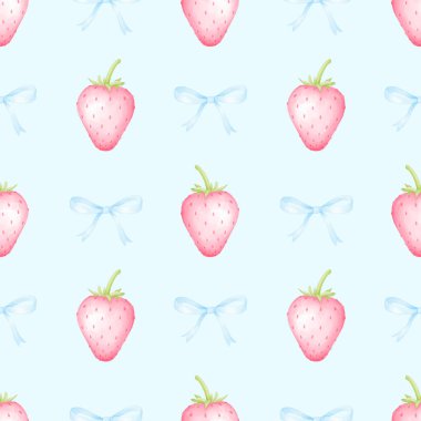 Çilek ve fiyonk. Tekstil ve ambalaj kağıtları için pastel renklerde suluboya deseni. Sevimli çocukların çizimleri.