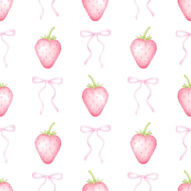 Çilek ve fiyonk. Tekstil ve ambalaj kağıtları için pastel renklerde suluboya deseni. Sevimli çocukların çizimleri.