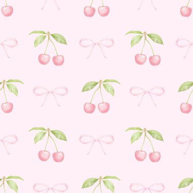 Kiraz, fiyonk. Tekstil ve ambalaj kağıtları için pastel renklerde suluboya deseni. Sevimli çocukların çizimleri.